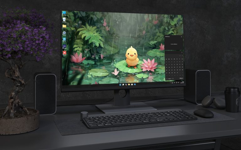Desktop Wallpaper 3209 - Adorable Duckling in Rainy Lotus Pond Wallpaper