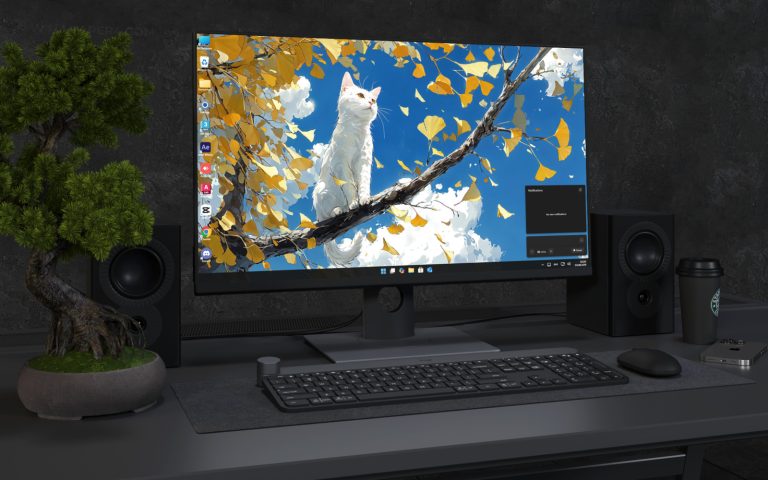 Desktop Wallpaper 3218 - White Cat in Golden Ginkgo Tree 4K Wallpaper
