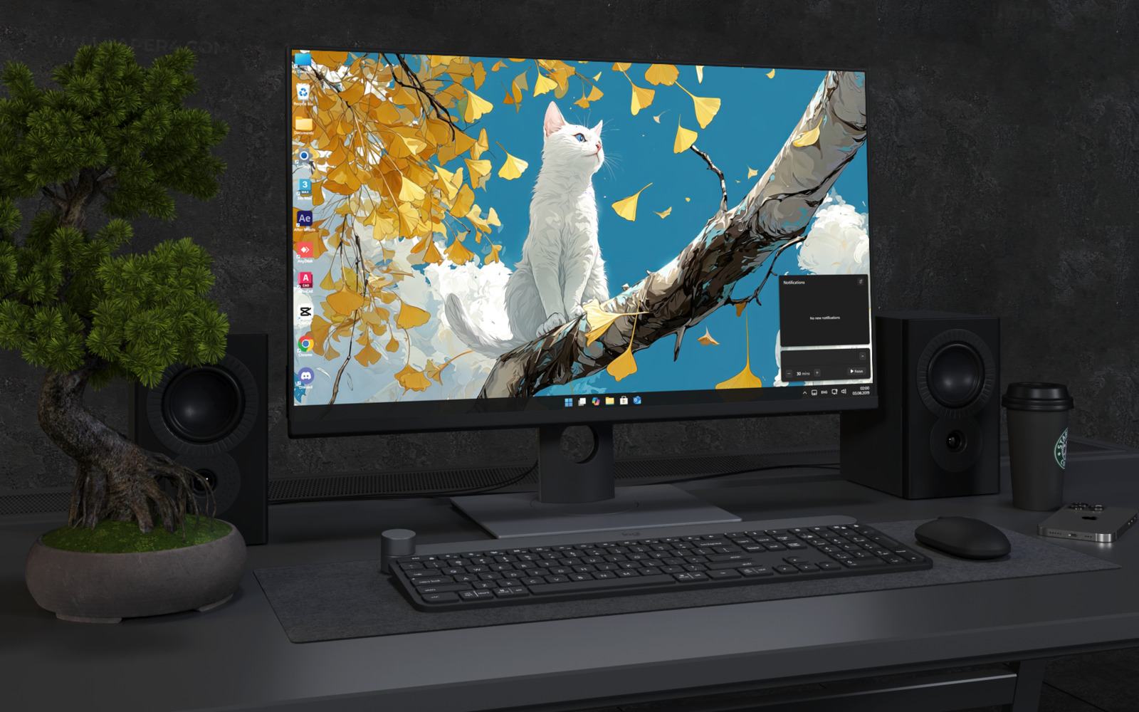 Laptop Wallpaper 3215 - White Cat in Golden Ginkgo Tree 4K Wallpaper