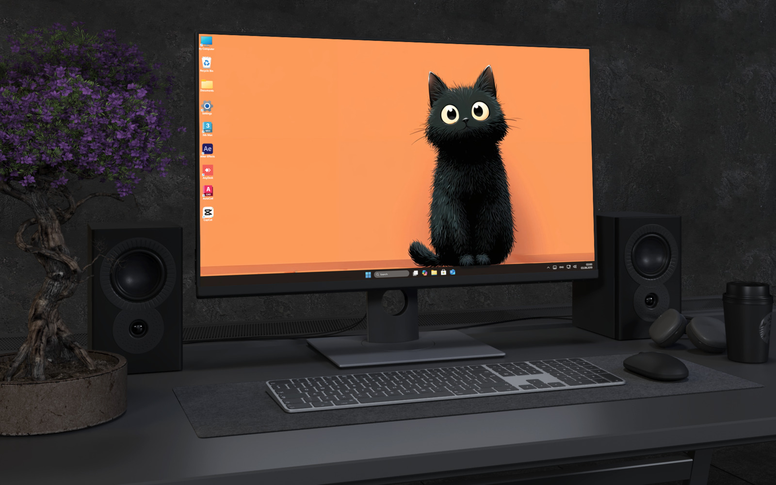 Desktop Wallpaper 3269 - Cute Black Cat on Orange 4K Desktop Wallpaper