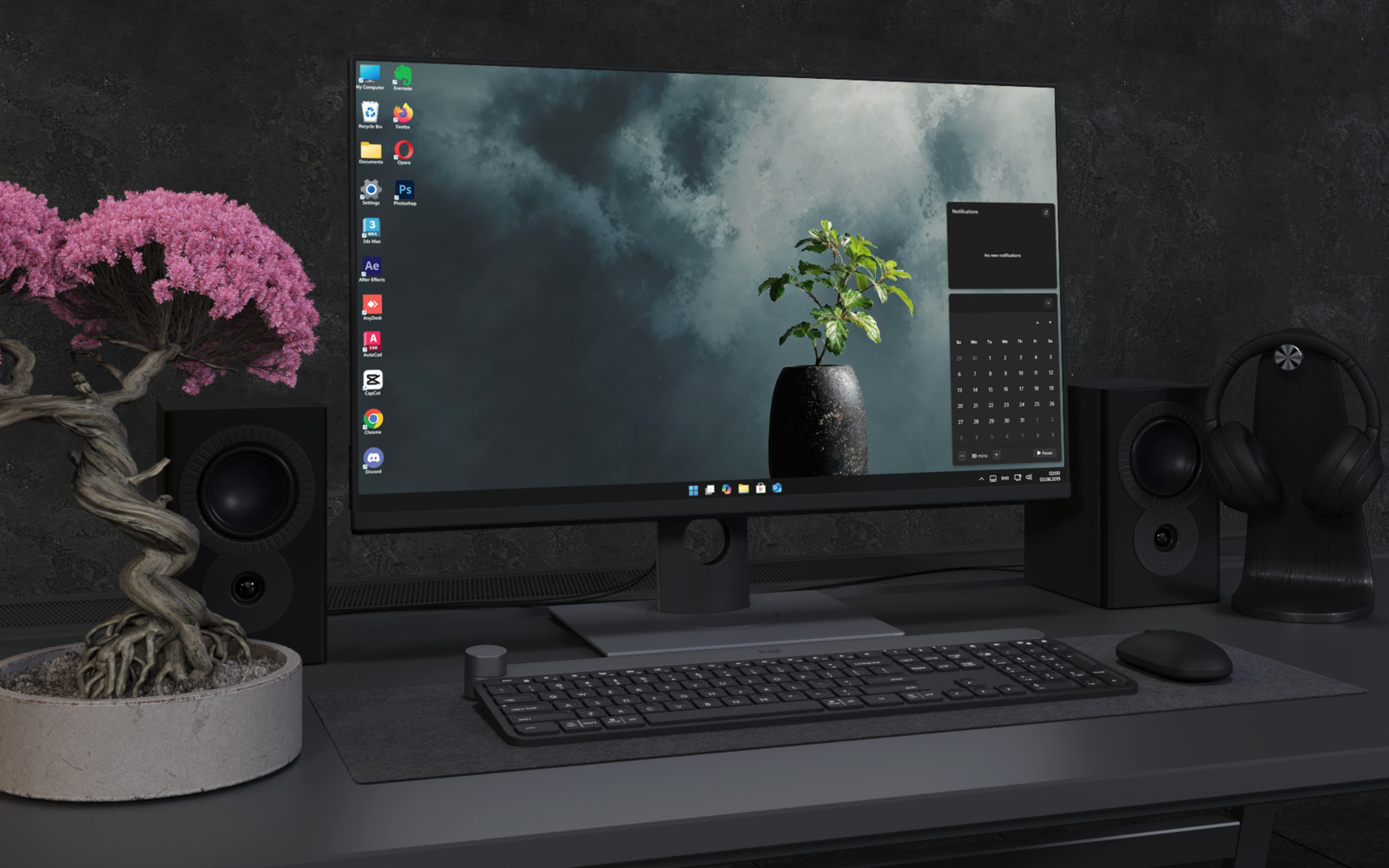 Desktop Wallpaper 3366 - Minimal Green Plant in Black Vase 4K Wallpaper