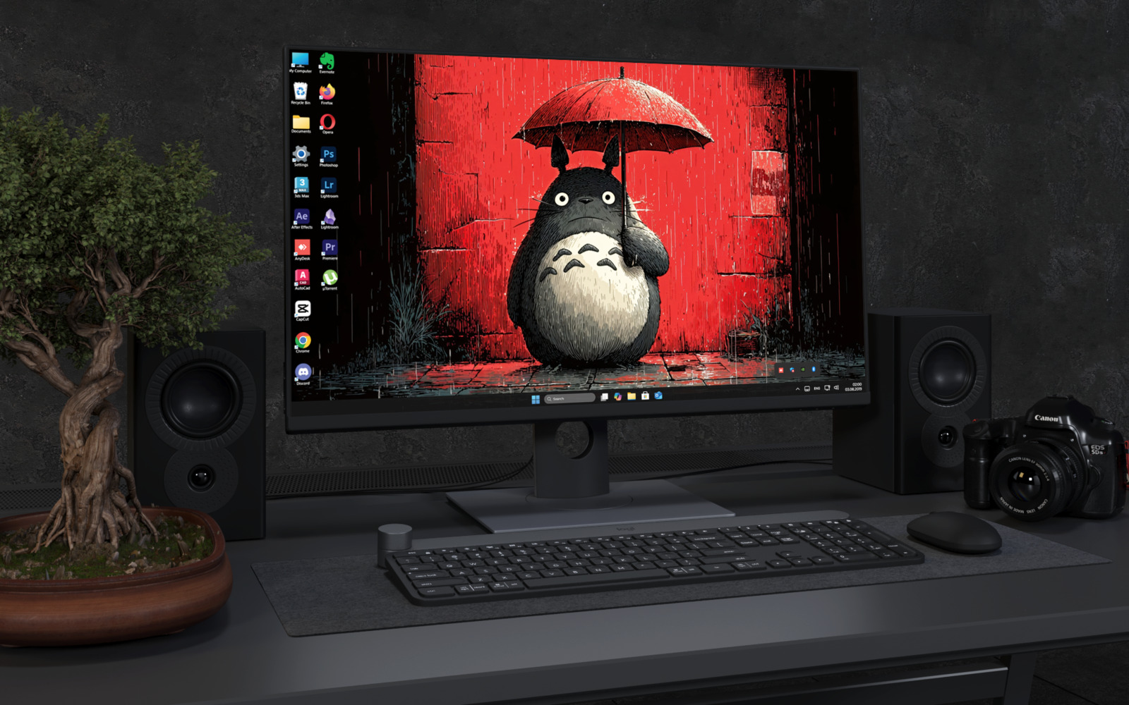 Desktop Wallpaper 3376 - Cute Forest Spirit Under Red Umbrella Wallpaper