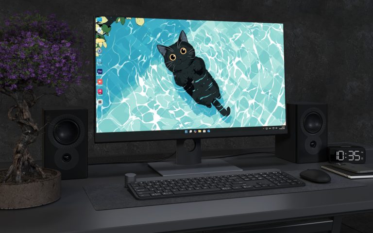 Desktop Wallpaper 3415 - Cute Black Cat Floating in Turquoise Pool Wallpaper