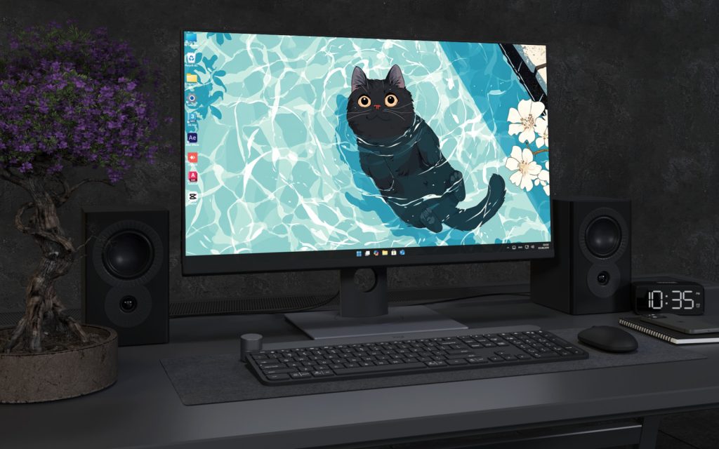 Laptop Wallpaper 3413 - Cute Black Cat Floating in Turquoise Pool Wallpaper