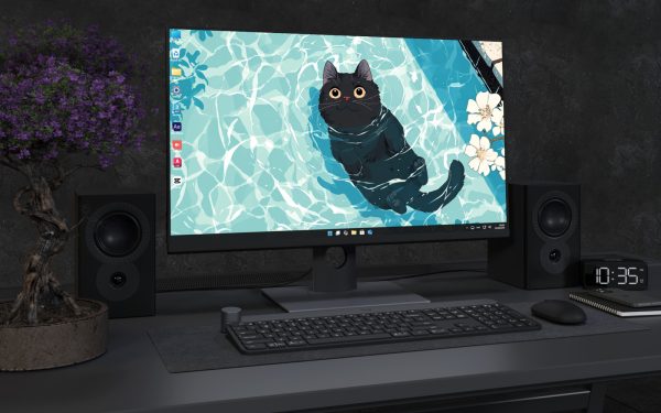 Laptop Wallpaper 3413 - Cute Black Cat Floating in Turquoise Pool Wallpaper