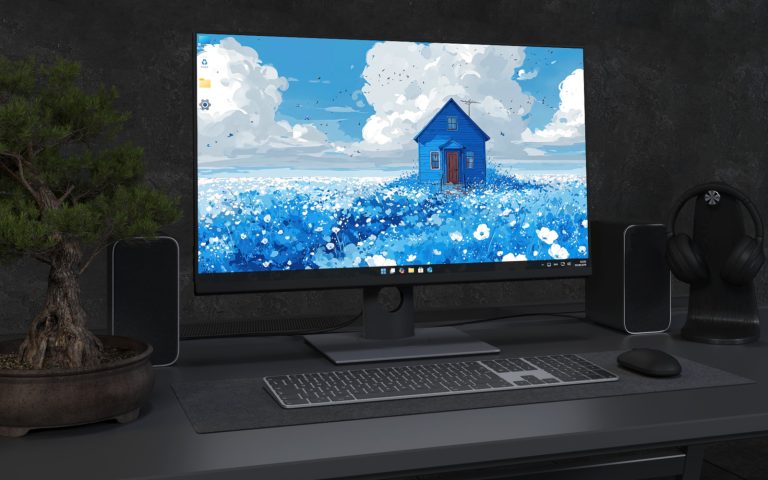 Desktop Wallpaper 3438 - Blue House in Blooming Sky Field Wallpaper