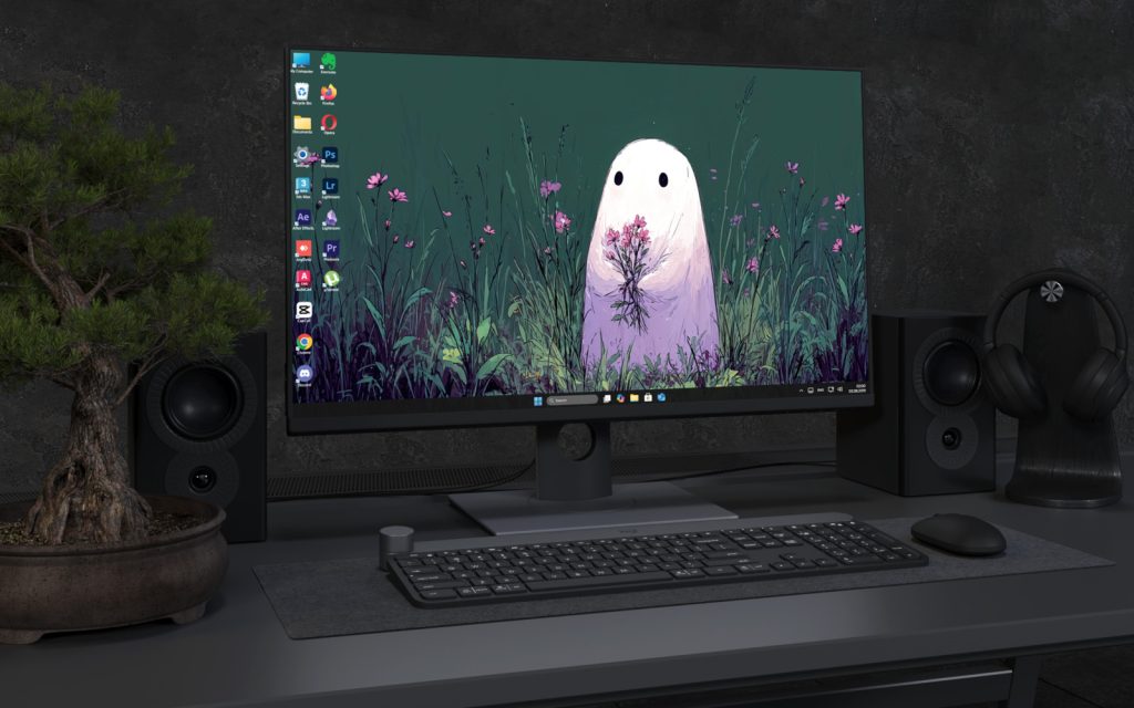 Laptop Wallpaper 3474 - Cute Ghost in Moonlit Wildflower Meadow Wallpaper