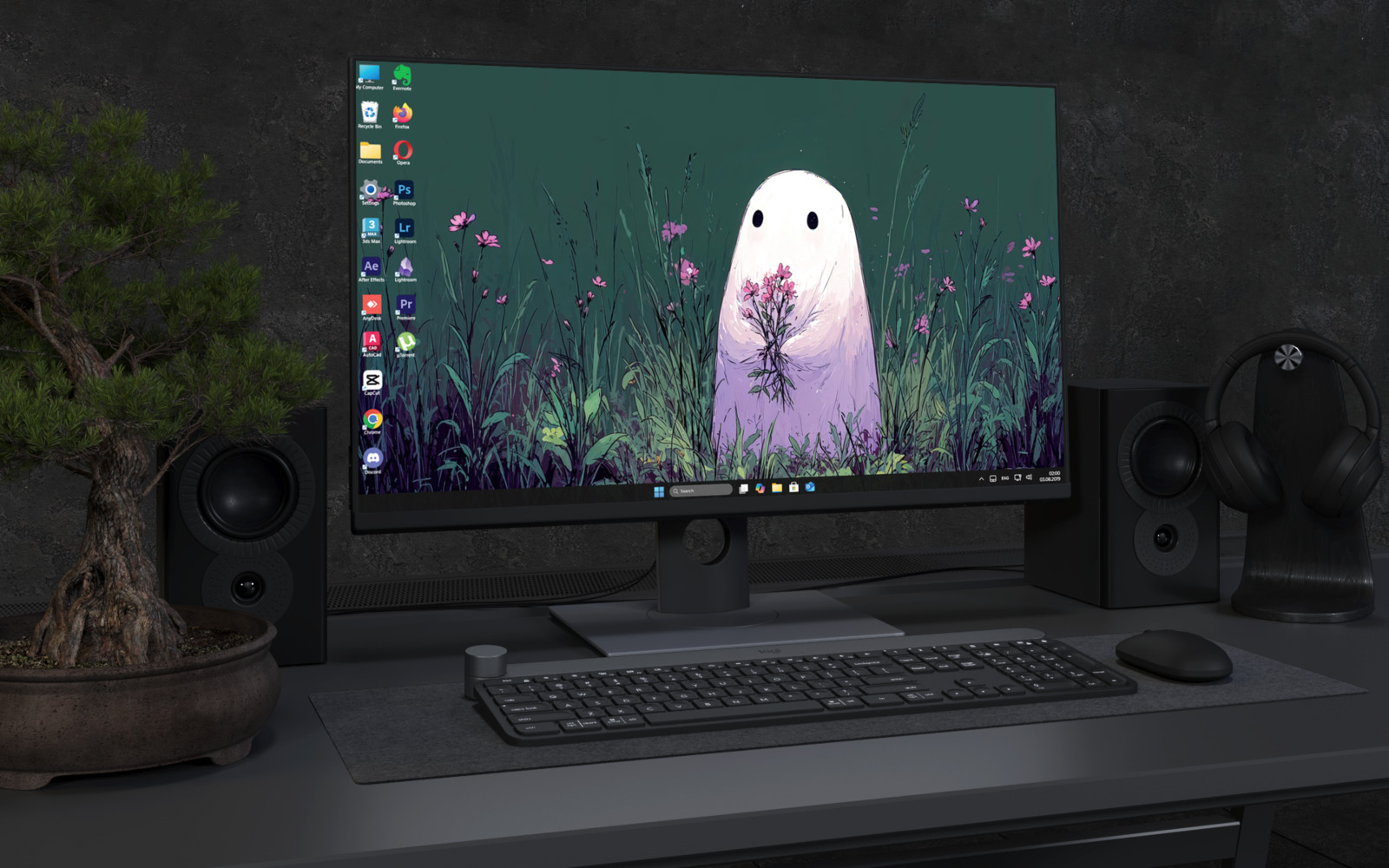 Laptop Wallpaper 3474 - Cute Ghost in Moonlit Wildflower Meadow Wallpaper