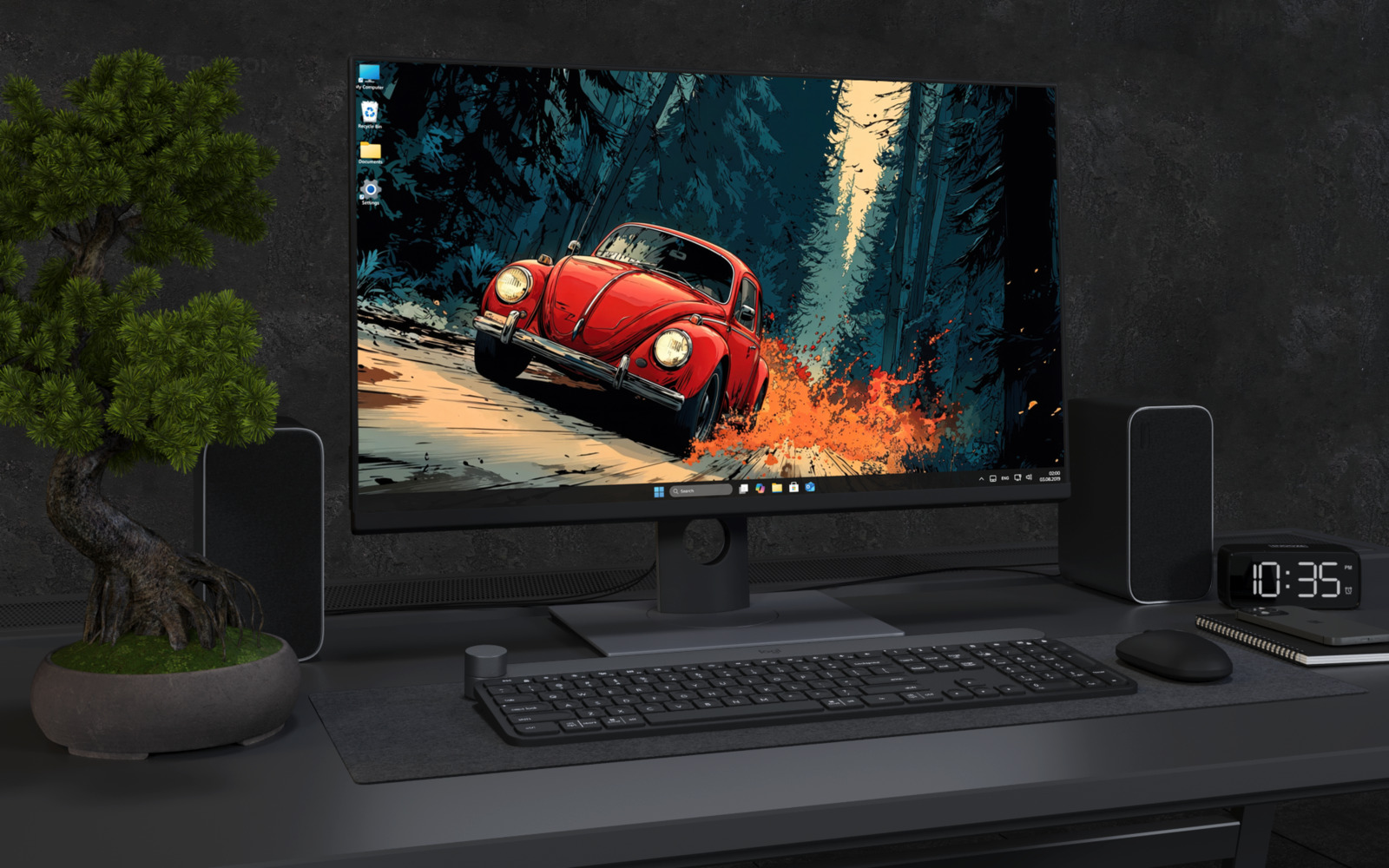 Desktop Wallpaper 3531 - Red Beetle Forest Drive 4K Desktop Wallpaper