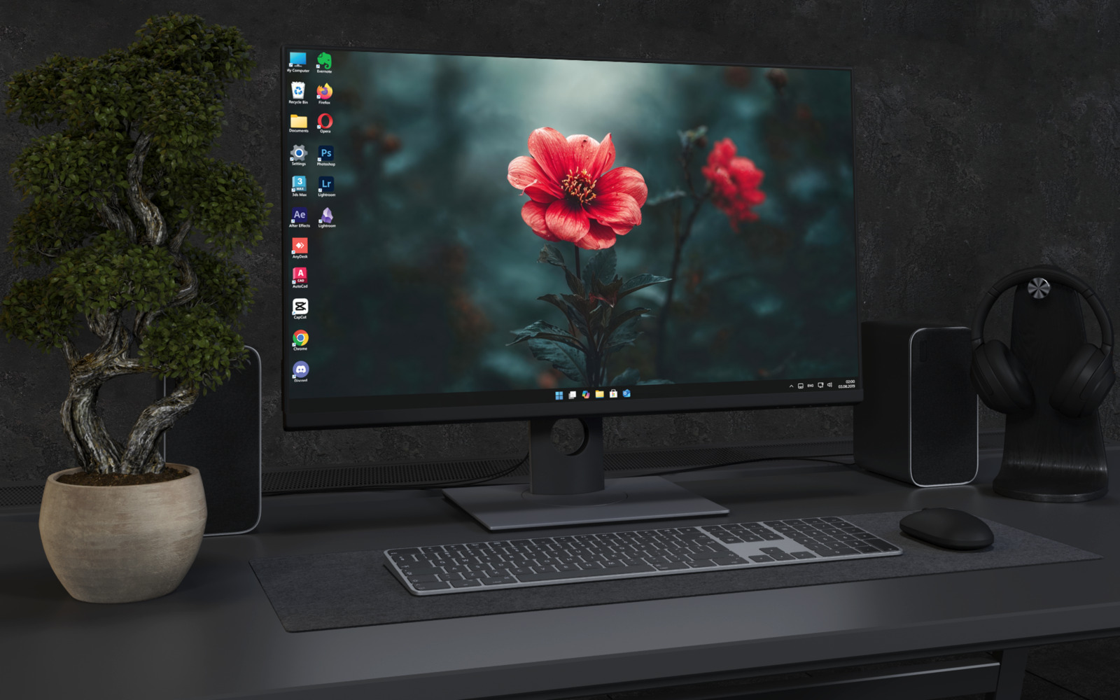 Desktop Wallpaper 3762 - Red Flower in Dark Garden 4K Desktop Wallpaper