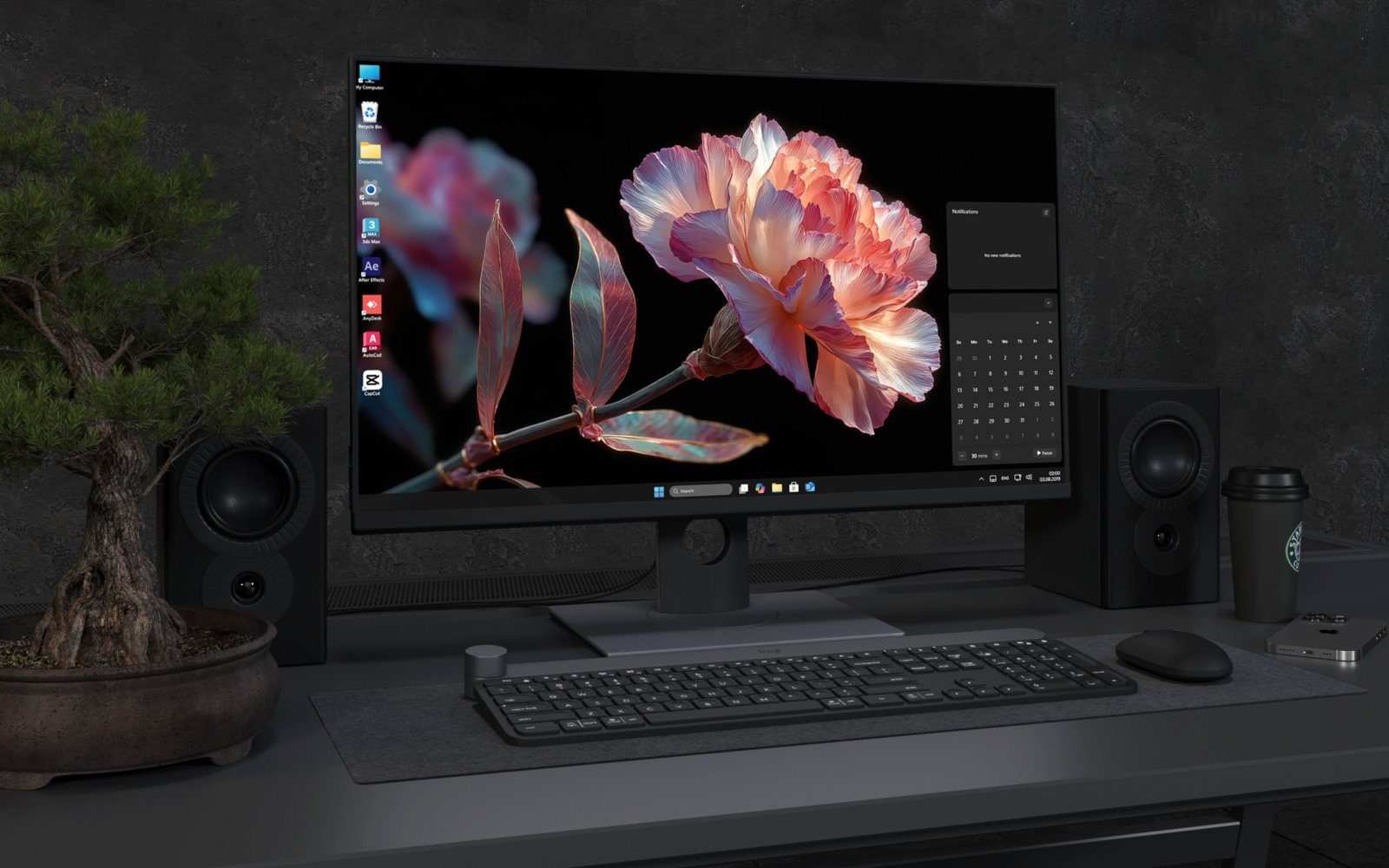 Laptop Wallpaper 3865 - Glowing Pink Flower on Black Desktop Wallpaper