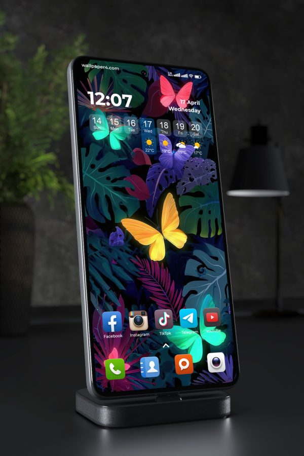 Phone Wallpaper 2938 - Neon Butterflies in Dark Tropical Jungle