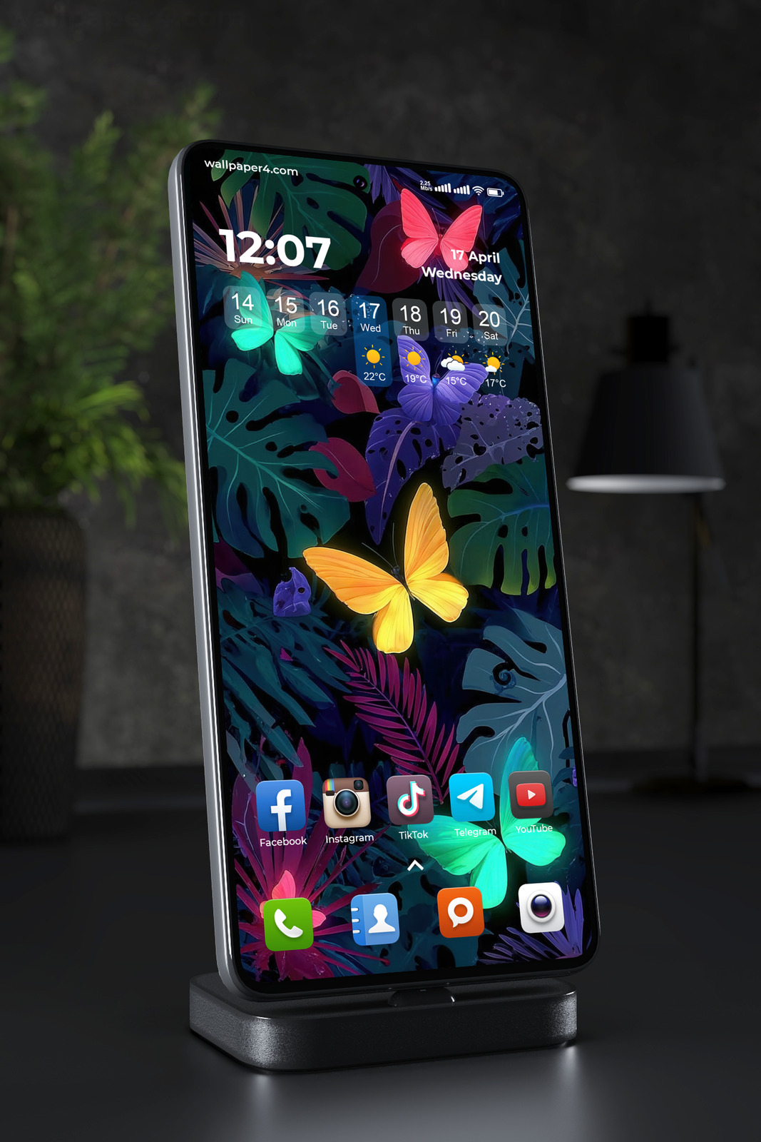 Phone Wallpaper 2938 - Neon Butterflies in Dark Tropical Jungle