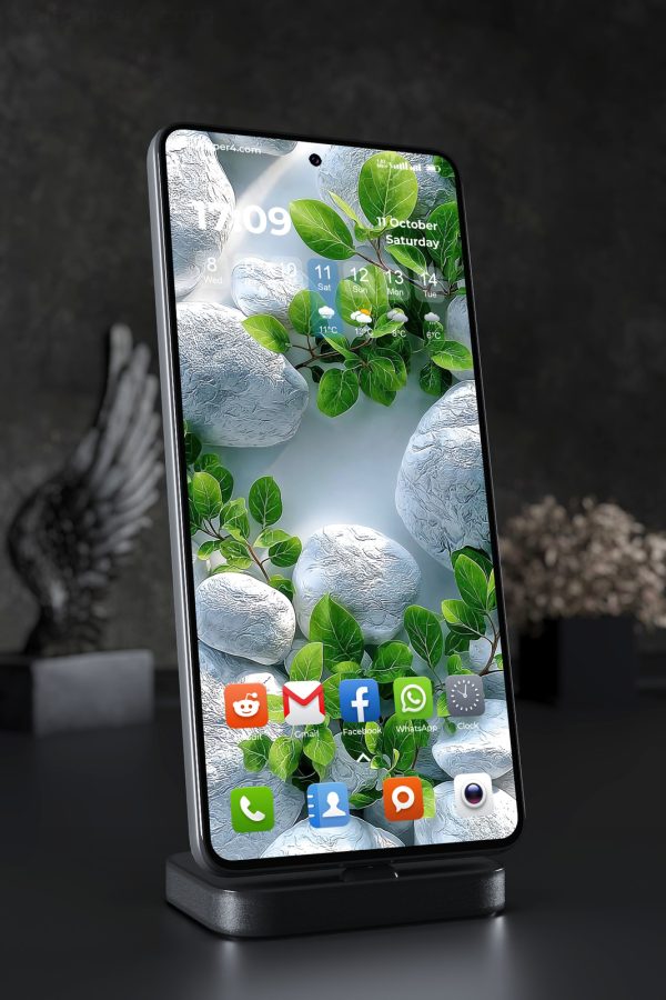 Phone Wallpaper 2967 - Green Leaves and White Stones Nature Art