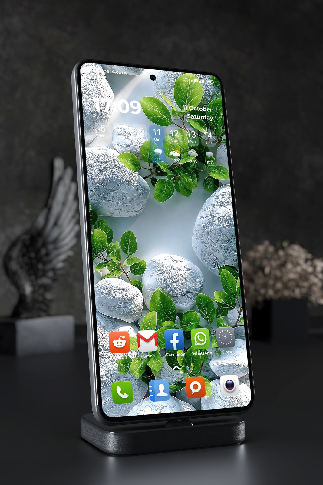 Phone Wallpaper 2967 - Green Leaves and White Stones Nature Art