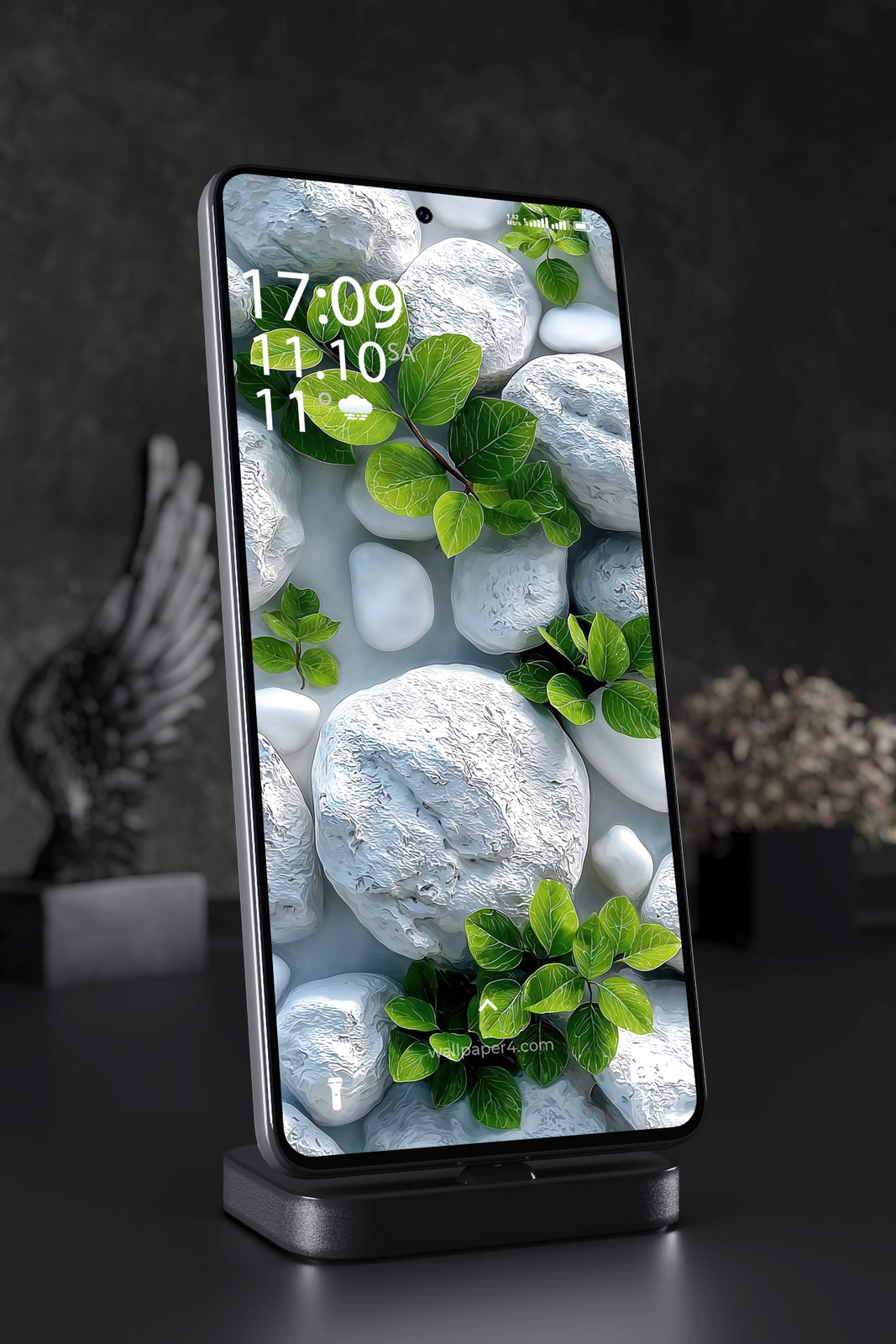 Mobile Wallpaper 2967 - Green Leaves and White Stones Nature Art