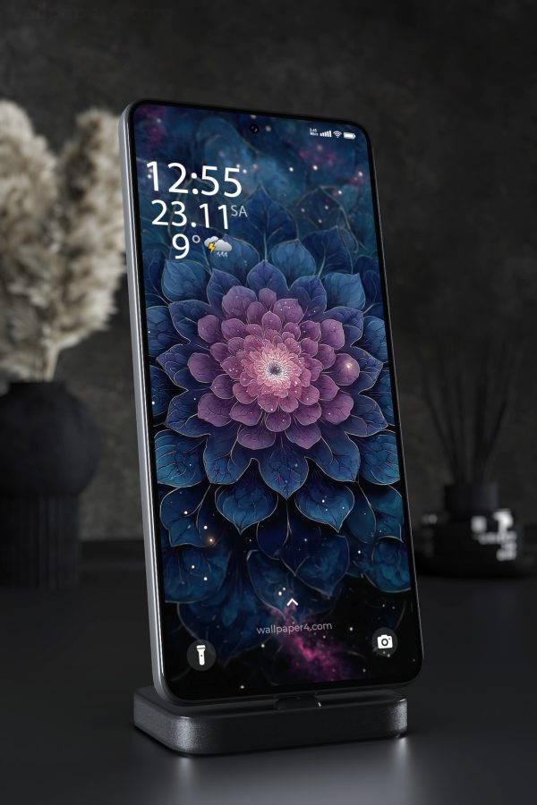 Phone Wallpaper 2973 - Mystic Blue Lotus Mandala with Dark Floral Glow