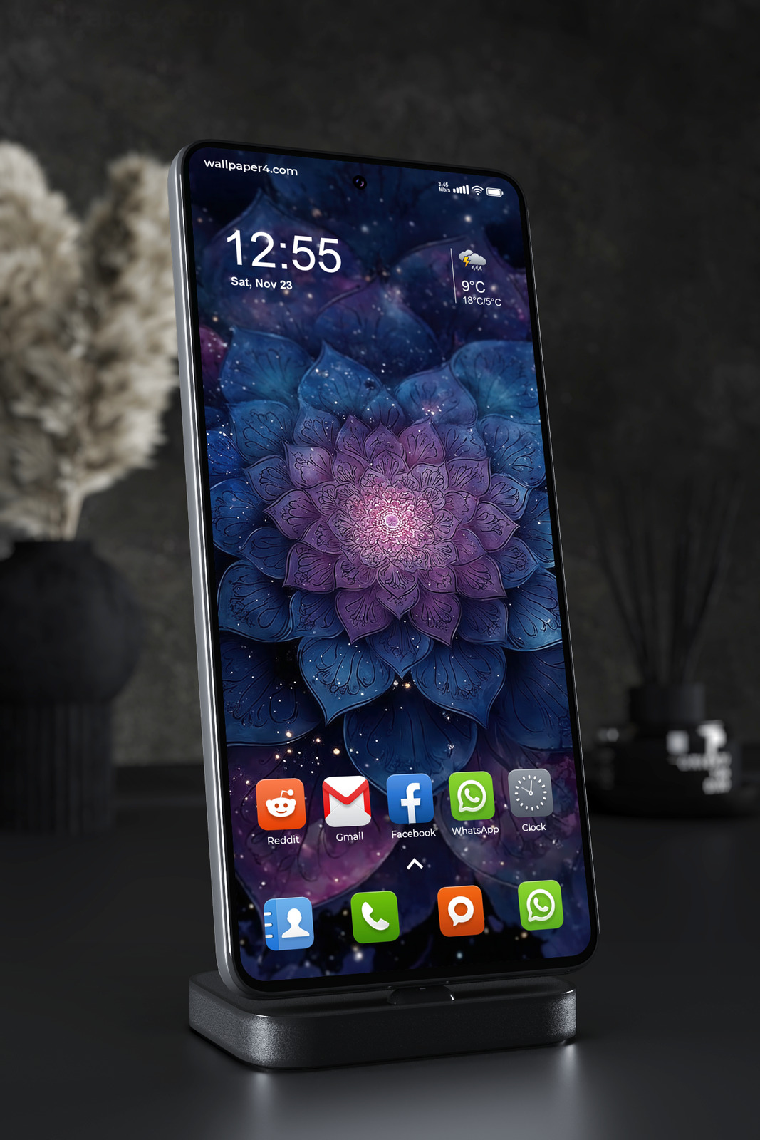 Mobile Wallpaper 2973 - Mystic Blue Lotus Mandala with Dark Floral Glow
