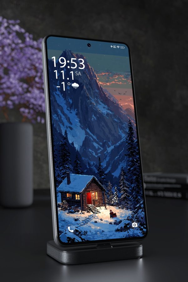 Phone Wallpaper 2976 - Cozy Pixel Art Cabin in Snowy Mountain Night