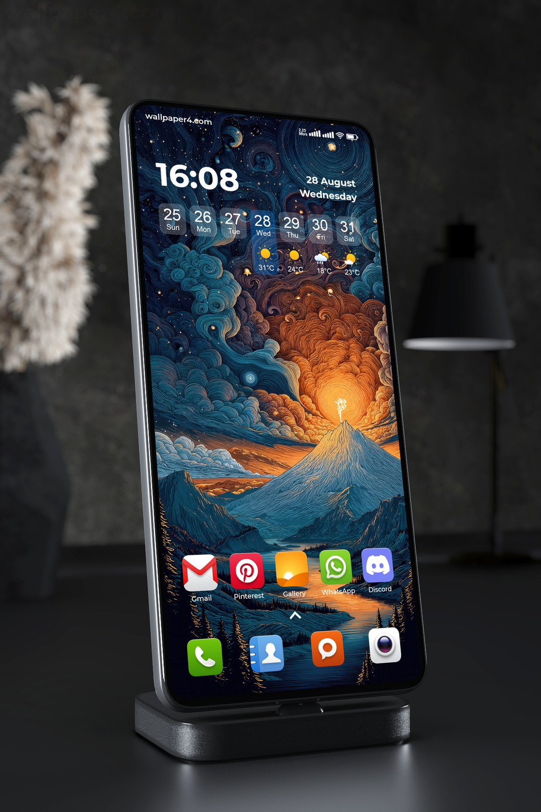 Phone Wallpaper 2982 - Glowing Volcano Under a Swirling Starry Night