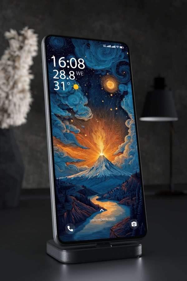 Mobile Wallpaper 2982 - Glowing Volcano Under a Swirling Starry Night