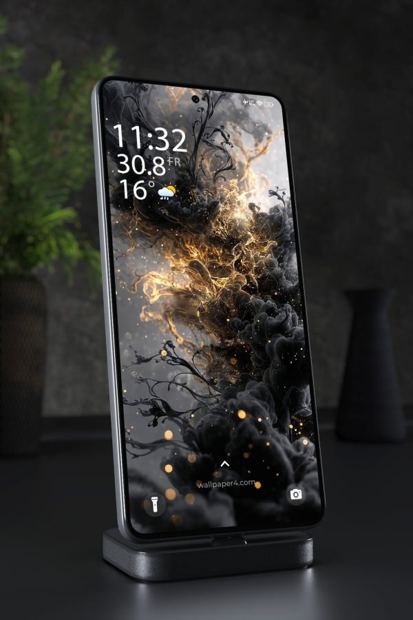 Phone Wallpaper 2989 - Black Ink and Gold Smoke Abstract Art