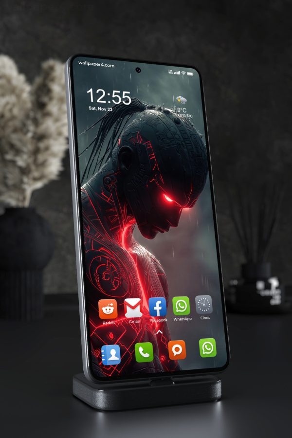 Phone Wallpaper 2995 - Dark Cyber Android Portrait in Red Neon Rain Art