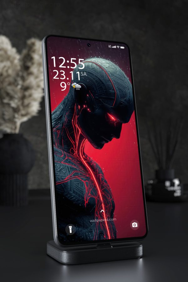 Mobile Wallpaper 2995 - Dark Cyber Android Portrait in Red Neon Rain Art
