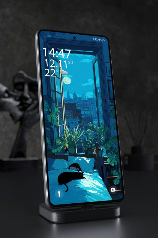 Phone Wallpaper 3020 - Moonlit City Bedroom with Cat and Green Plants