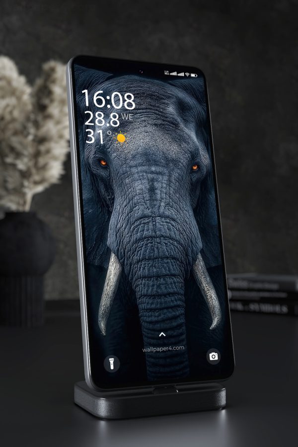 Phone Wallpaper 3044 - Dark Elephant Portrait with Amber Eyes and Tusks