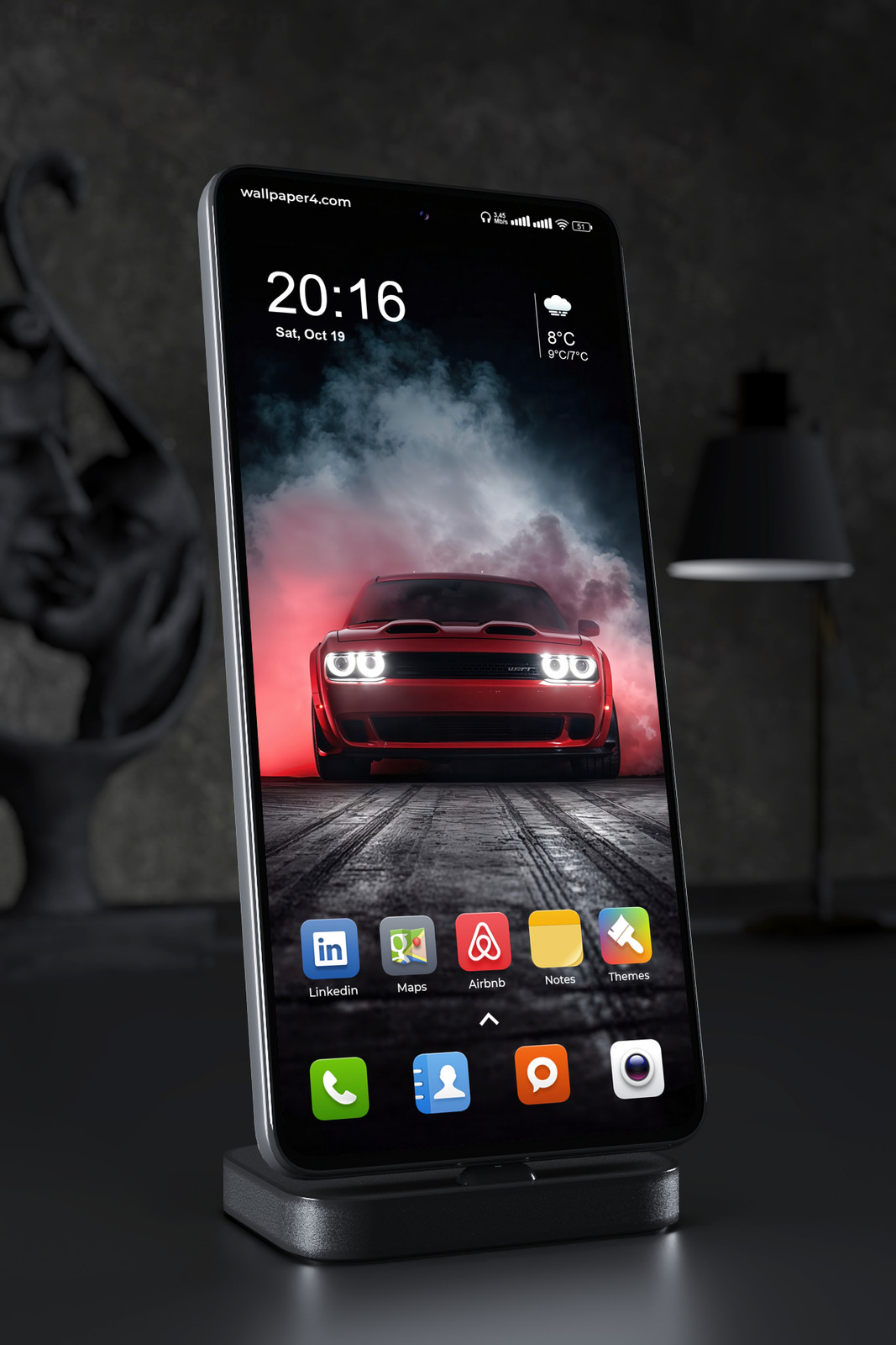 Phone Wallpaper 3051 - Red Muscle Car in Smoke Dark Street
