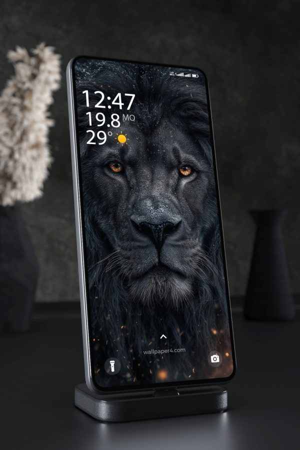 Phone Wallpaper 3055 - Black Lion Portrait with Fiery Amber Eyes