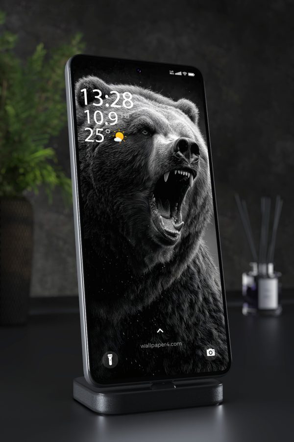 Phone Wallpaper 3060 - Roaring Grizzly Bear Dark Monochrome Art