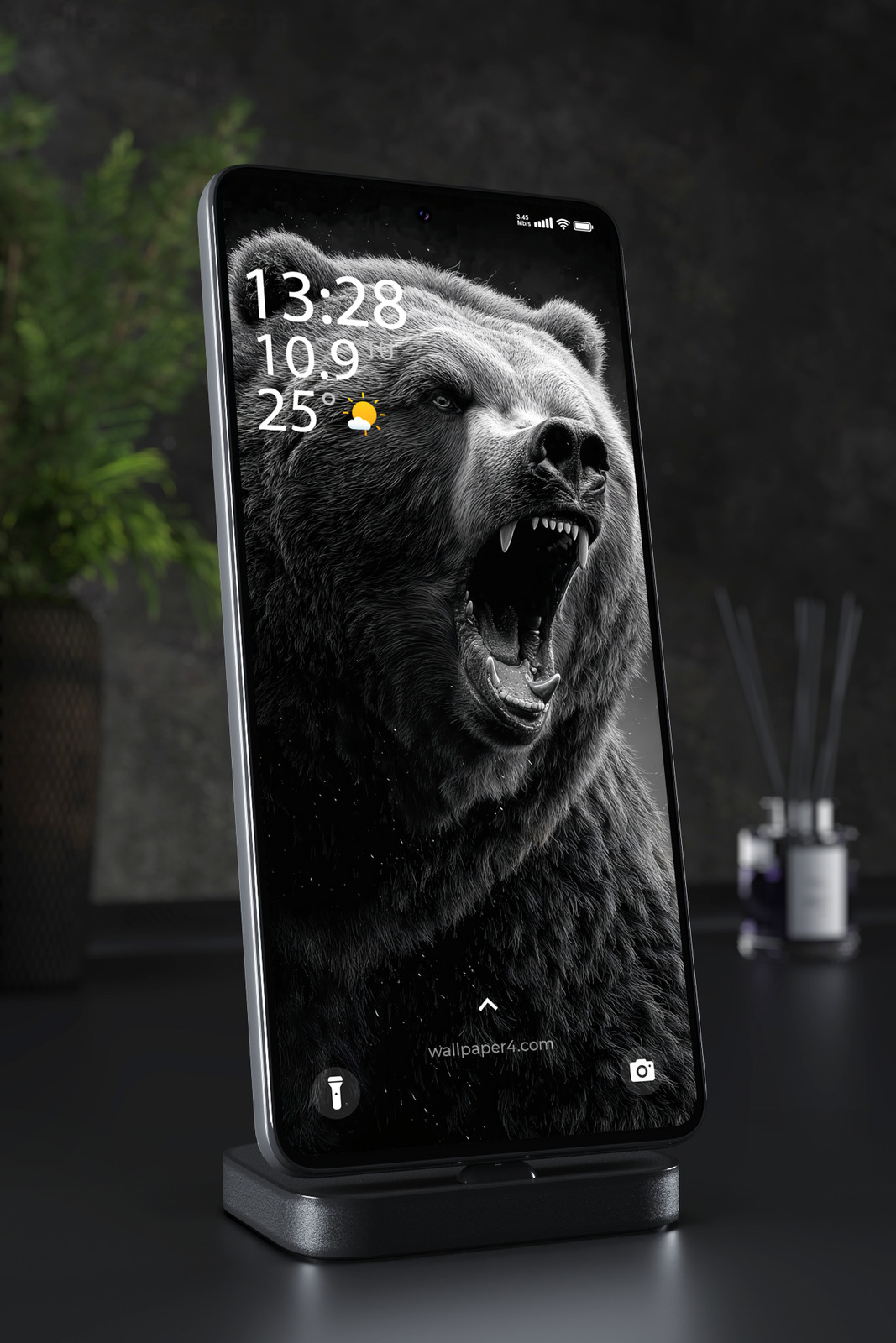 Phone Wallpaper 3060 - Roaring Grizzly Bear Dark Monochrome Art