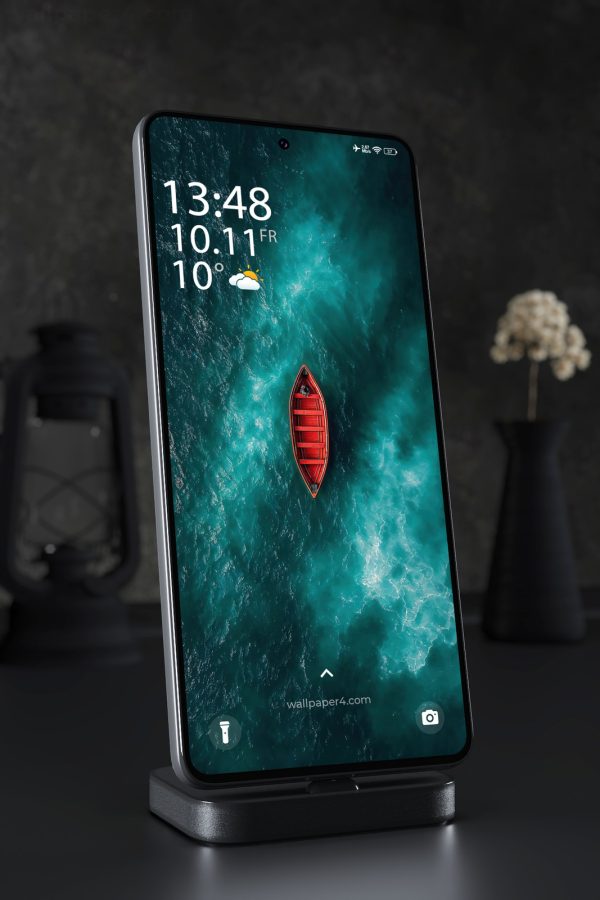 Phone Wallpaper 3066 - Red Boat Drifting on Turquoise Sea Aerial View