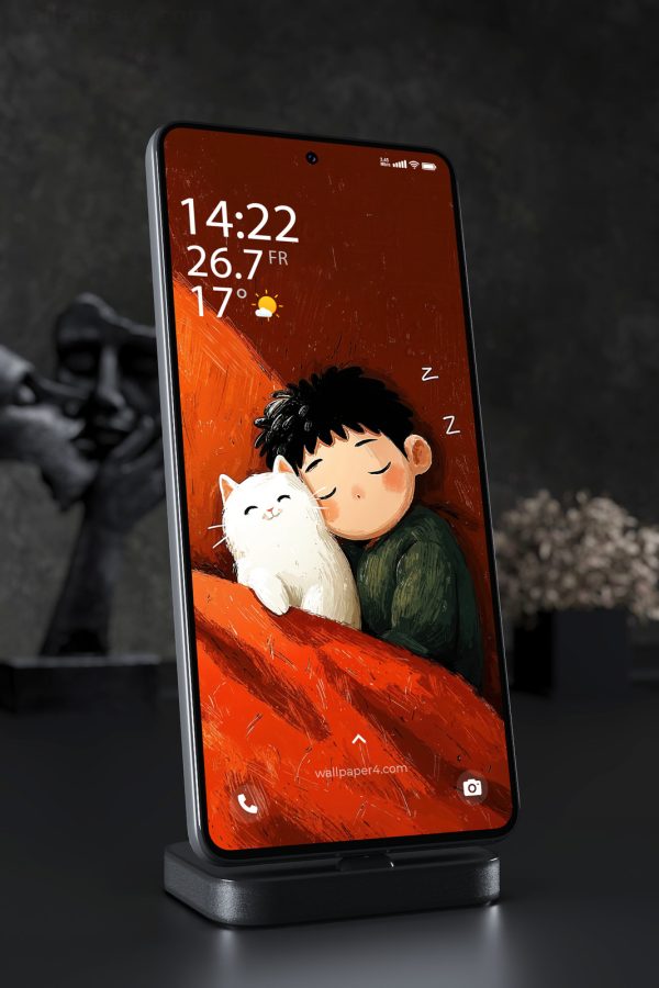 Phone Wallpaper 3078 - Sleeping Boy and Cat Cozy Bedtime Art