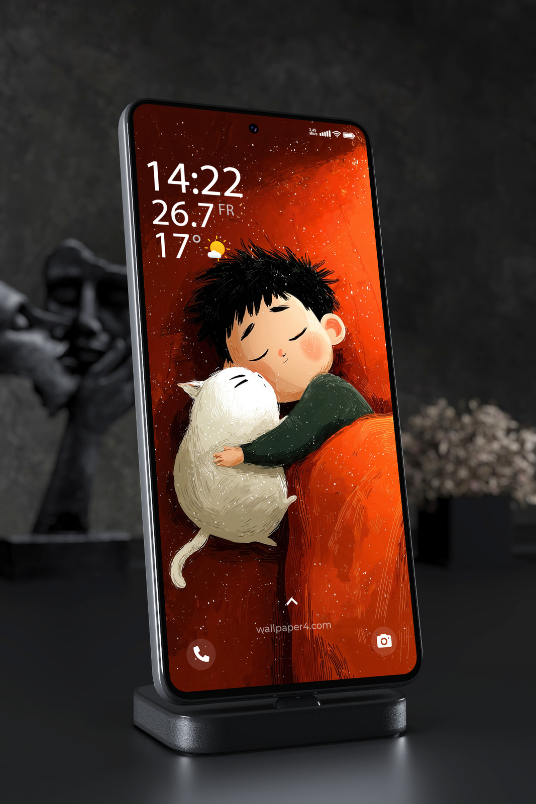 Mobile Wallpaper 3078 - Sleeping Boy and Cat Cozy Bedtime Art