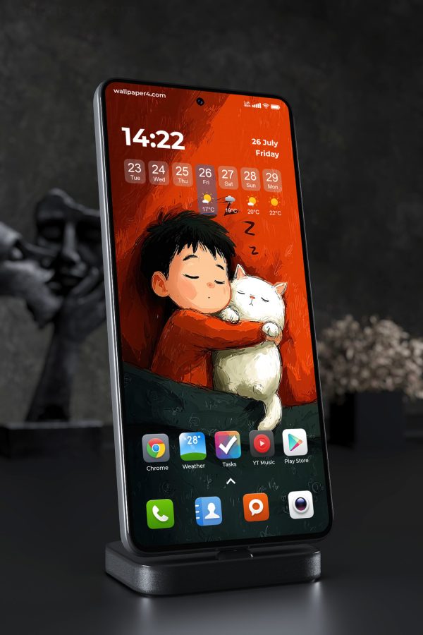 Mobile Wallpaper 3078 - Sleeping Boy and Cat Cozy Bedtime Art