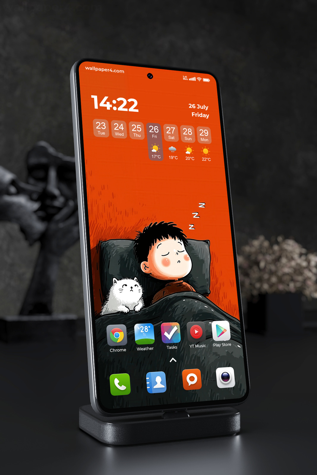 Mobile Wallpaper 3078 - Sleeping Boy and Cat Cozy Bedtime Art
