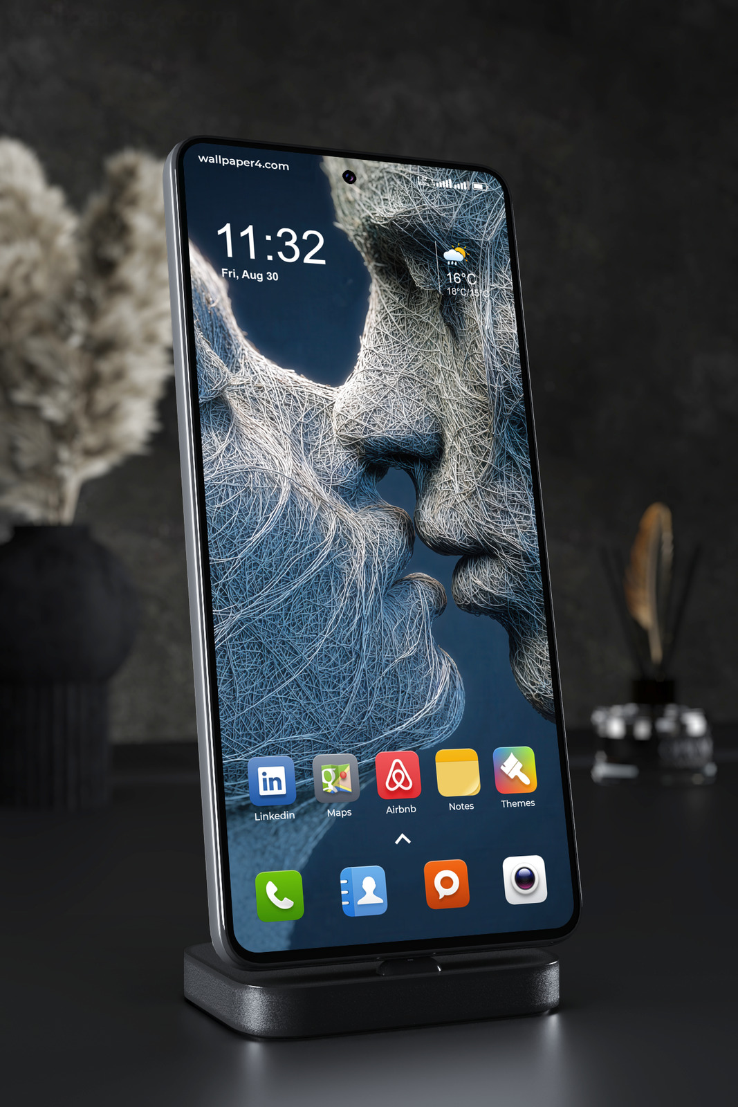 Phone Wallpaper 3097 - Abstract Wire Faces Kiss in Blue Silver Light