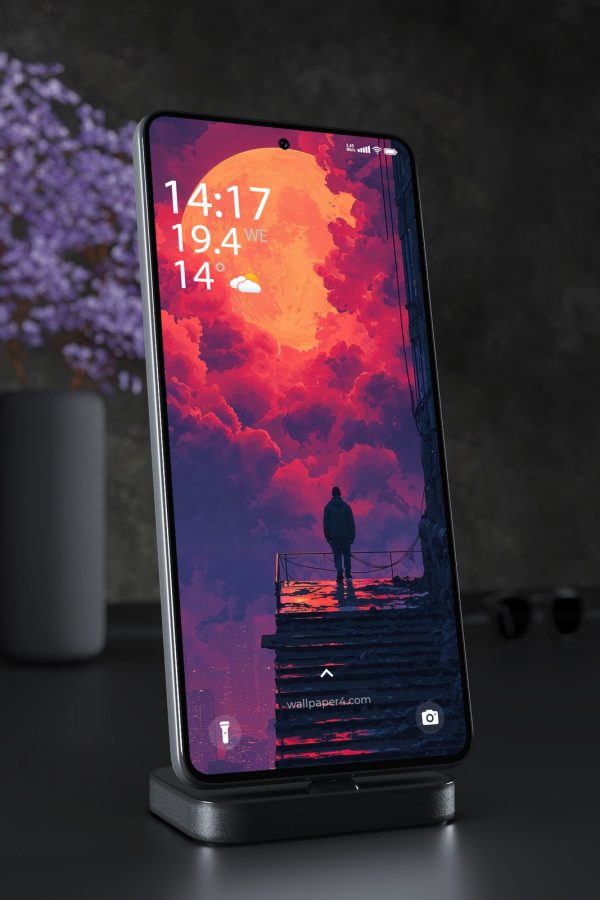 Phone Wallpaper 3104 - Giant Moon Over Neon City Rooftop