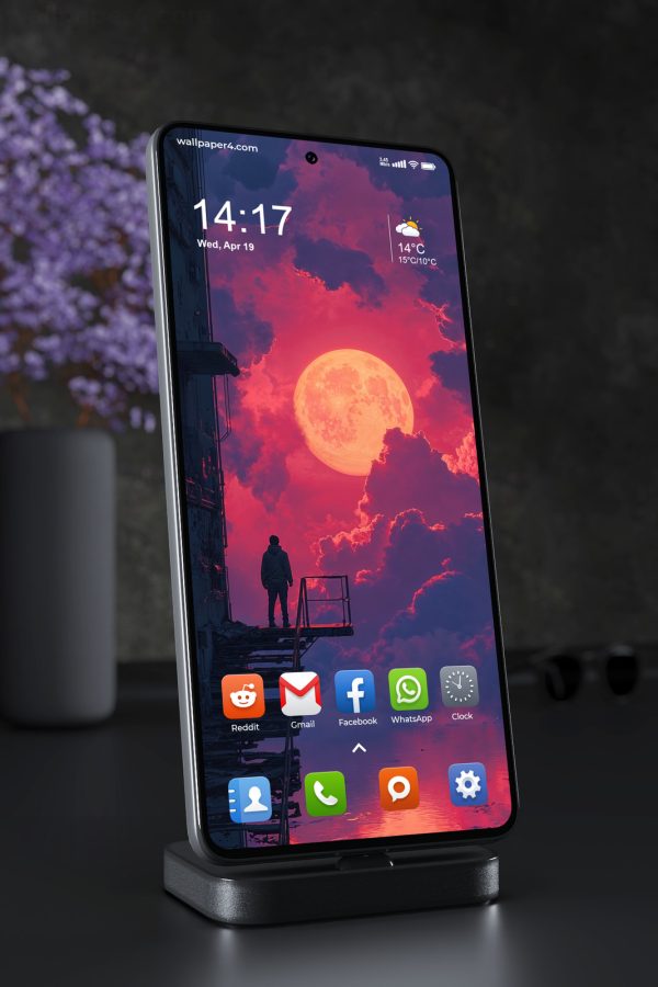 Mobile Wallpaper 3104 - Giant Moon Over Neon City Rooftop
