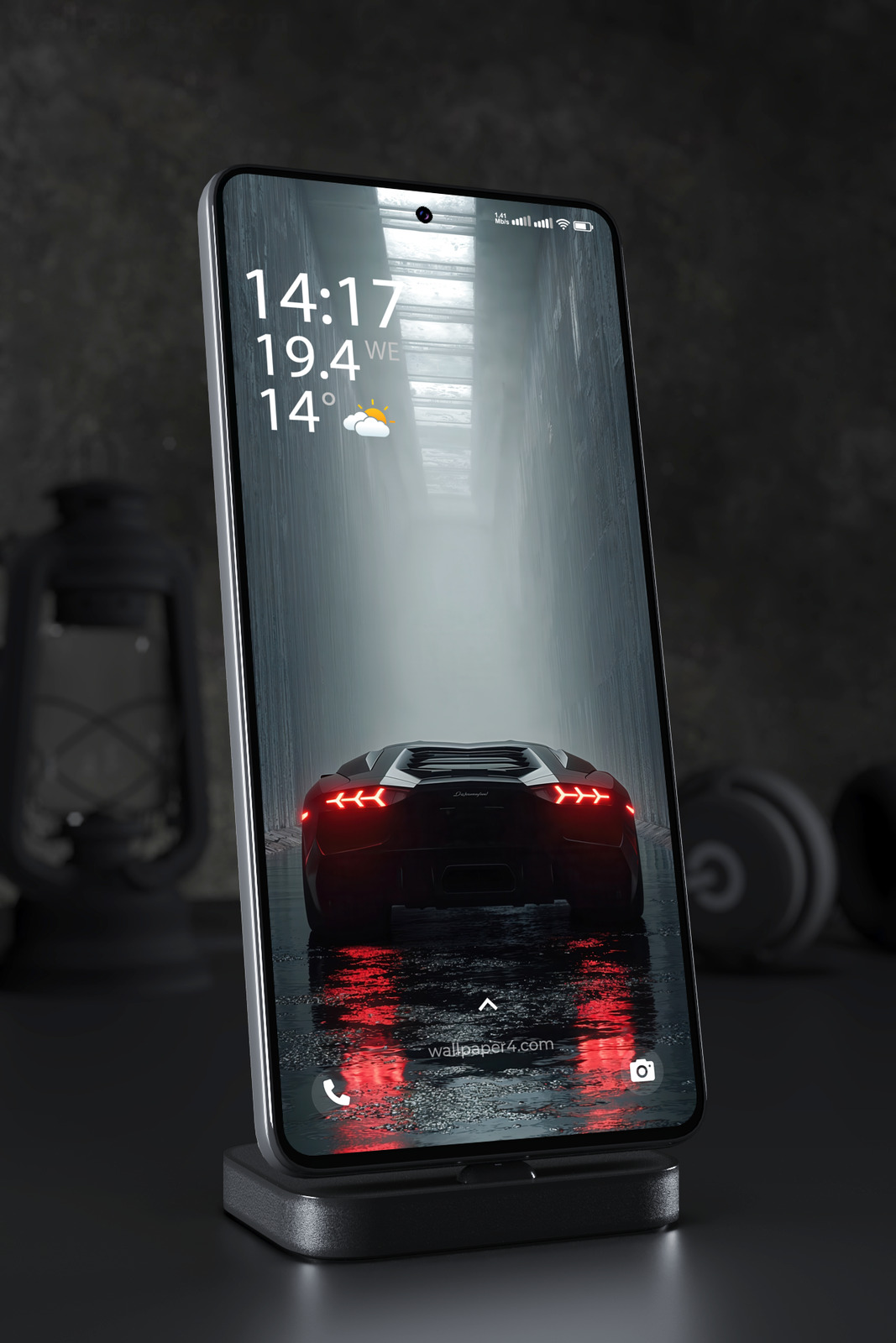 Phone Wallpaper 3116 - Dark Lamborghini Supercar in Rainy Tunnel