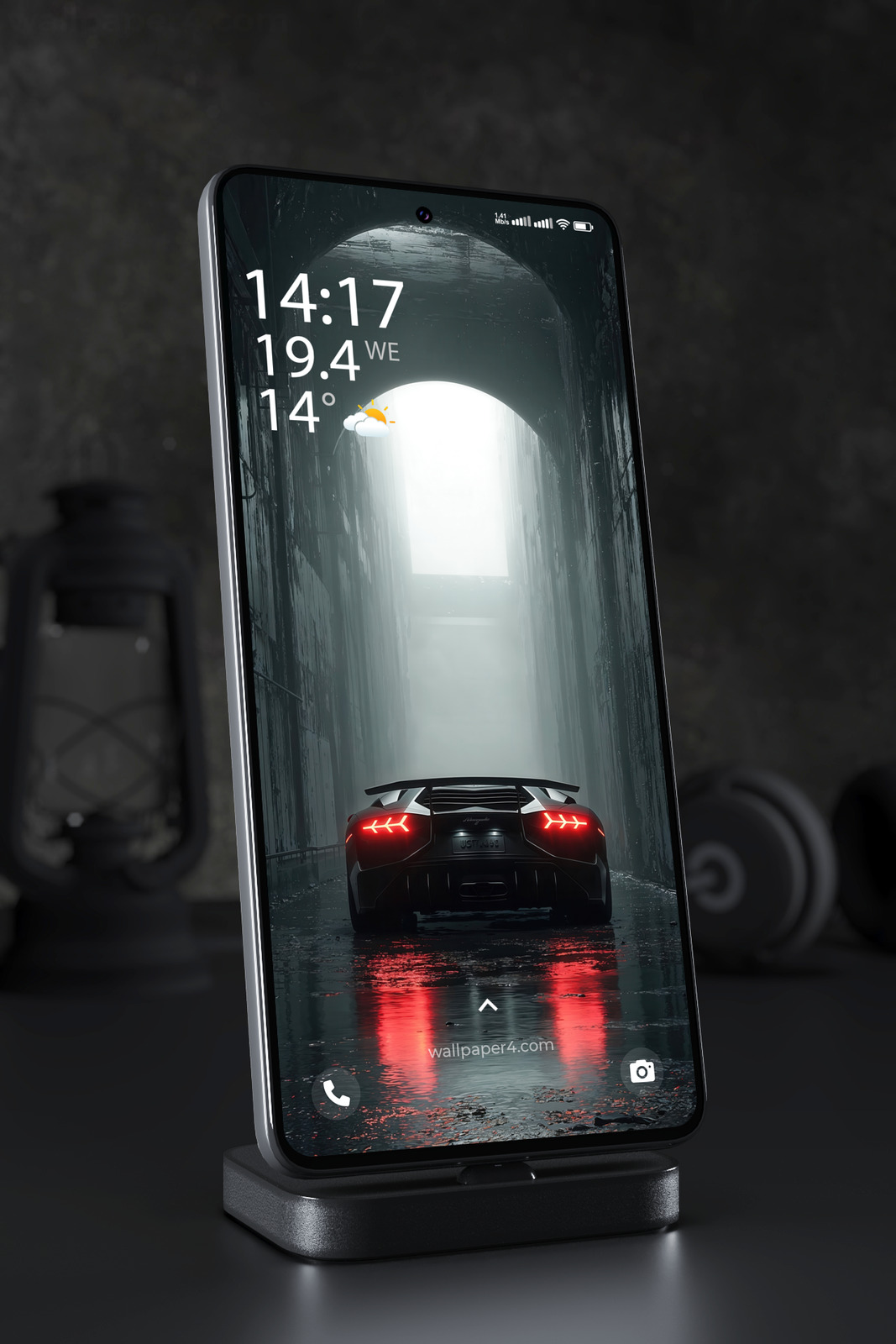 Mobile Wallpaper 3116 - Dark Lamborghini Supercar in Rainy Tunnel