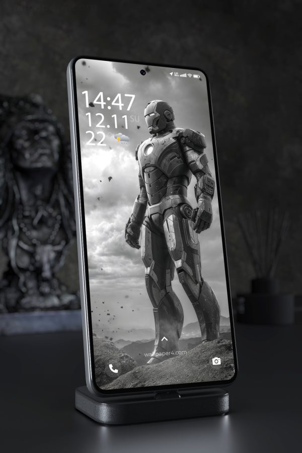 Phone Wallpaper 3123 - Dark Armored Superhero in Stormy Sky