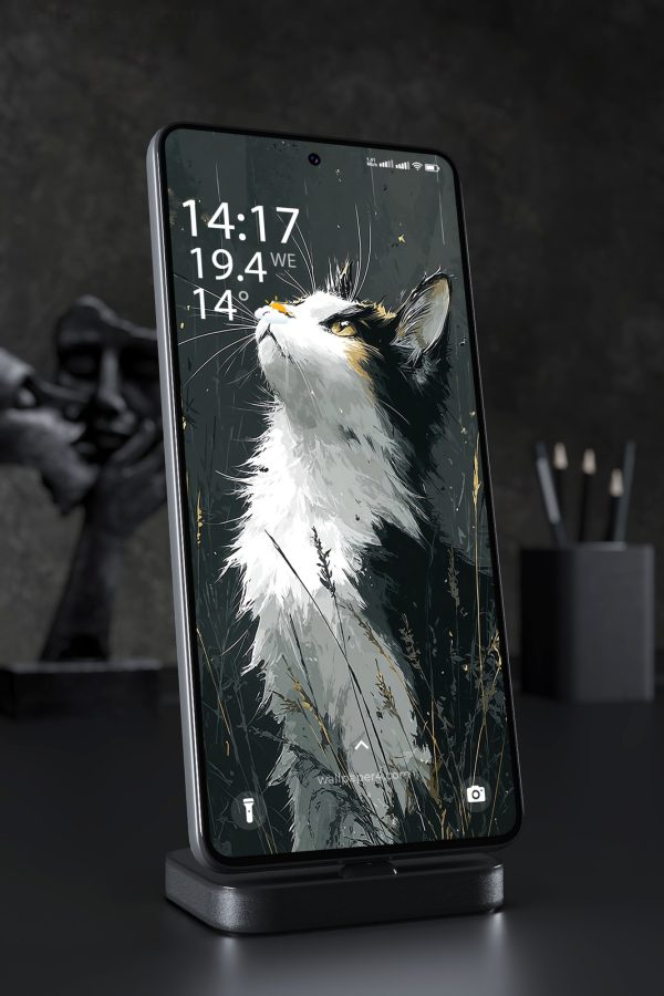 Phone Wallpaper 3125 - Calico Cat in Rainy Dark Forest Illustration