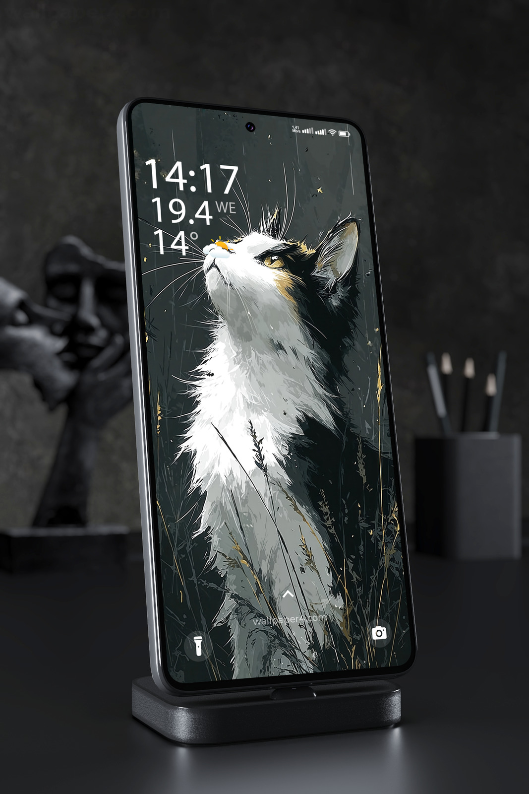 Phone Wallpaper 3125 - Calico Cat in Rainy Dark Forest Illustration