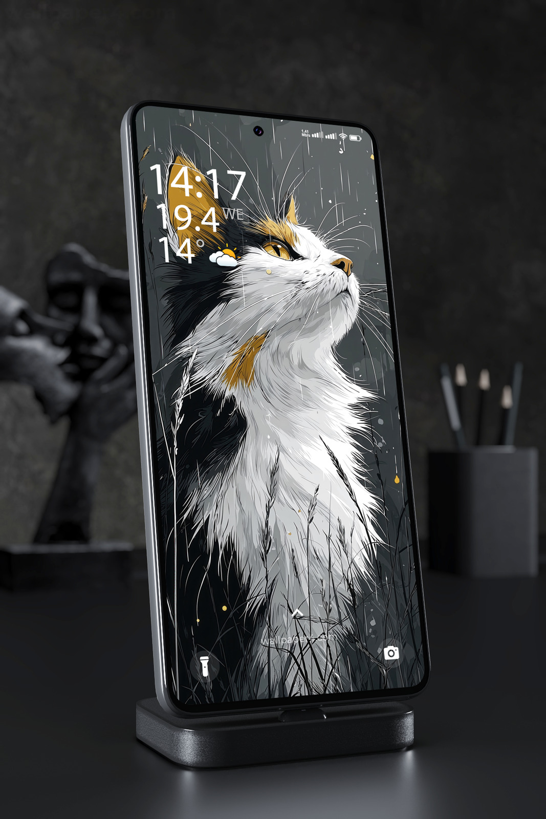 Mobile Wallpaper 3125 - Calico Cat in Rainy Dark Forest Illustration