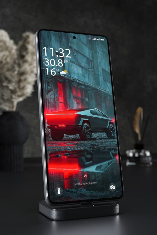 Phone Wallpaper 3129 - Futuristic Cybertruck in Red Neon Alley Scene