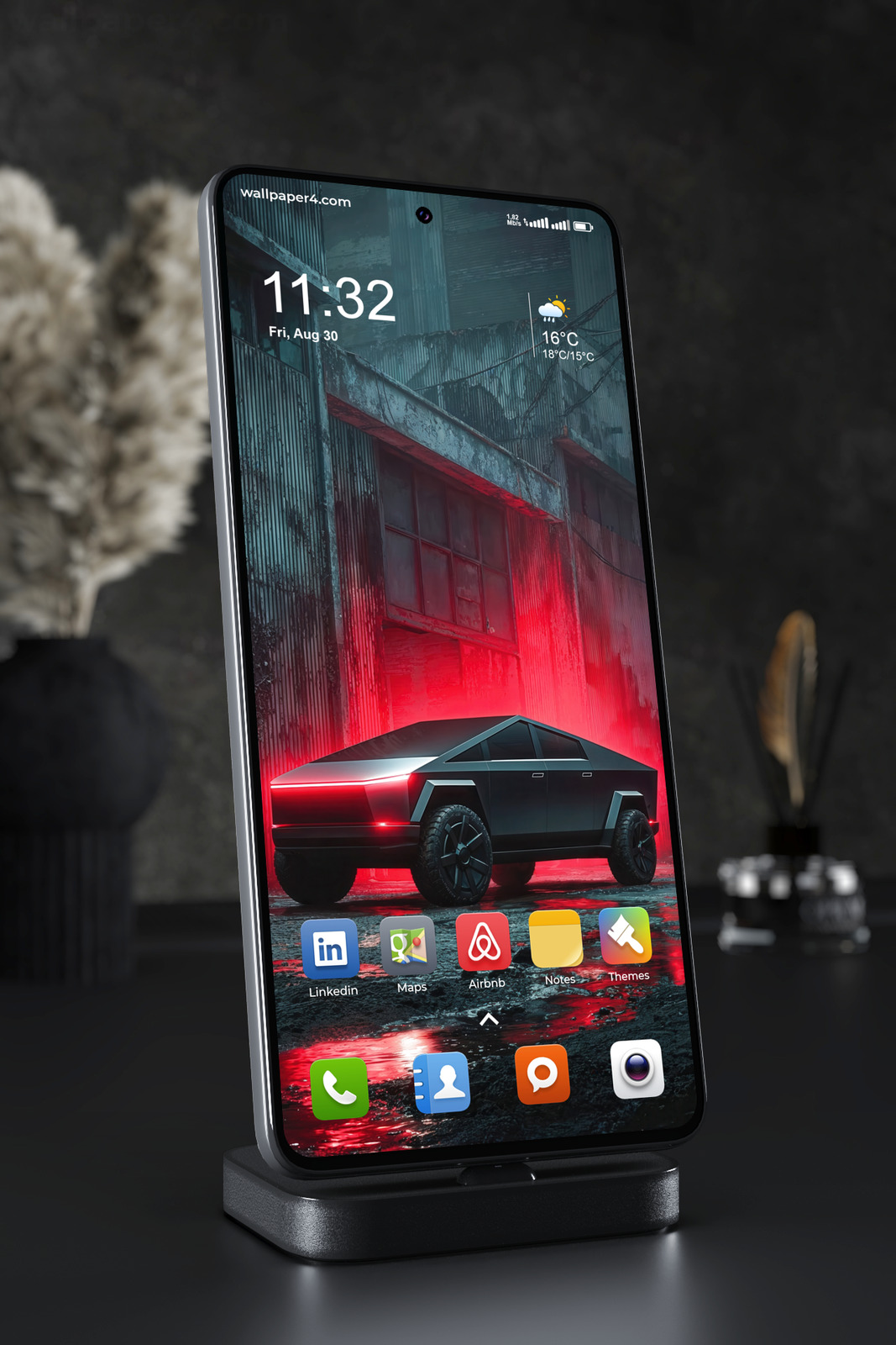 Mobile Wallpaper 3129 - Futuristic Cybertruck in Red Neon Alley Scene